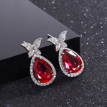 Red Teardrop Butterfly Stud Earrings White Metal Alloy