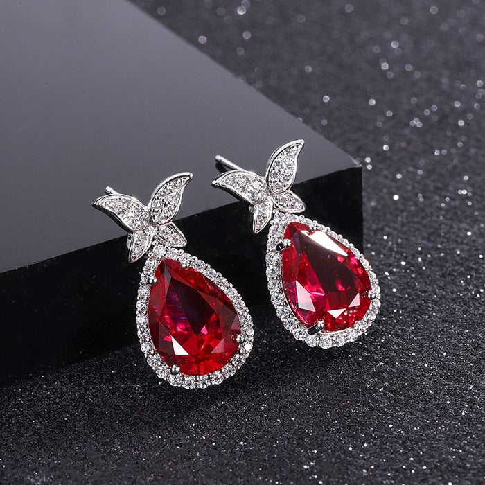 Red Teardrop Butterfly Stud Earrings White Metal Alloy