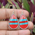 Red Turquoise Stripe Teardrop Drop Earrings Silver Tone view 6