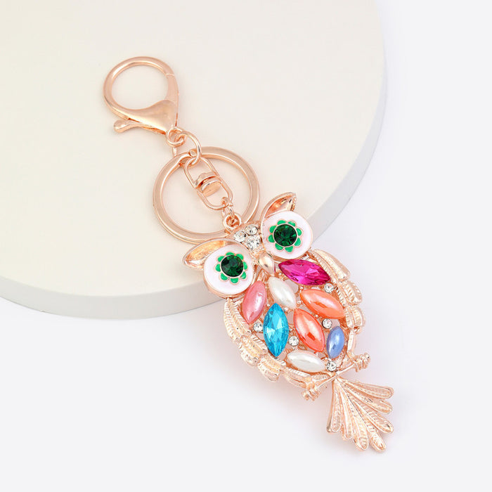 Rose Gold Multicolor Rhinestone Owl Metal Keychain