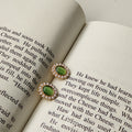 Gold Tone Green Cat Eye Oval Stone Pearl Halo Stud Earrings view 2