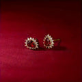 Gold Tone Red Teardrop Halo Stud Earrings Clear Accents view 2
