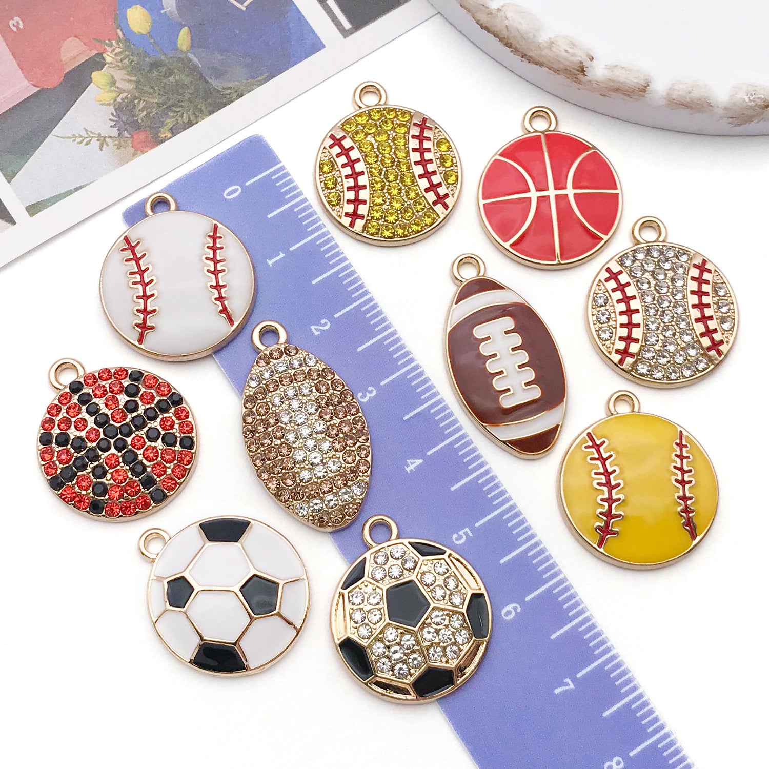 Rhinestone Enamel Zinc Alloy Basketball Charm Pendant for DIY Necklace Keychain Jewelry