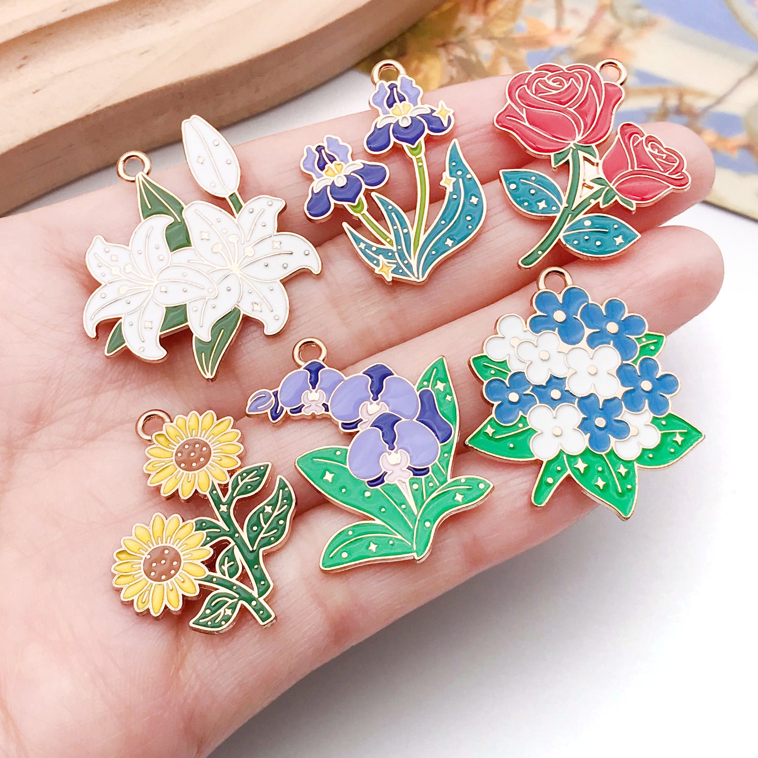 Enamel Zinc Alloy Lily Hydrangea Sunflower Bouquet Charm Pendant for DIY Necklace