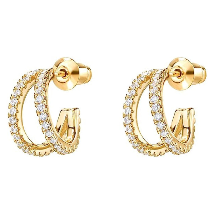 Gold Tone Double Row Clear Crystal C Hoop Earrings