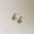 Glass Tulip Flower Stud Earrings Green Leaf Accents view 4