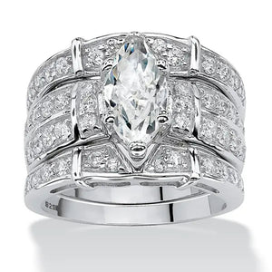 White Gold Tone Marquise Triple Stack Ring Set Sizes 6-10