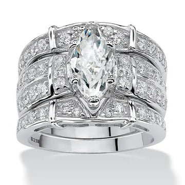 White Gold Tone Marquise Triple Stack Ring Set Sizes 6-10