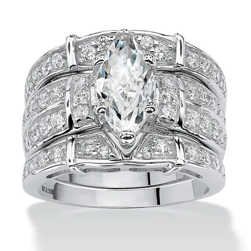 White gold marquise triple stack ring set studio front view on white