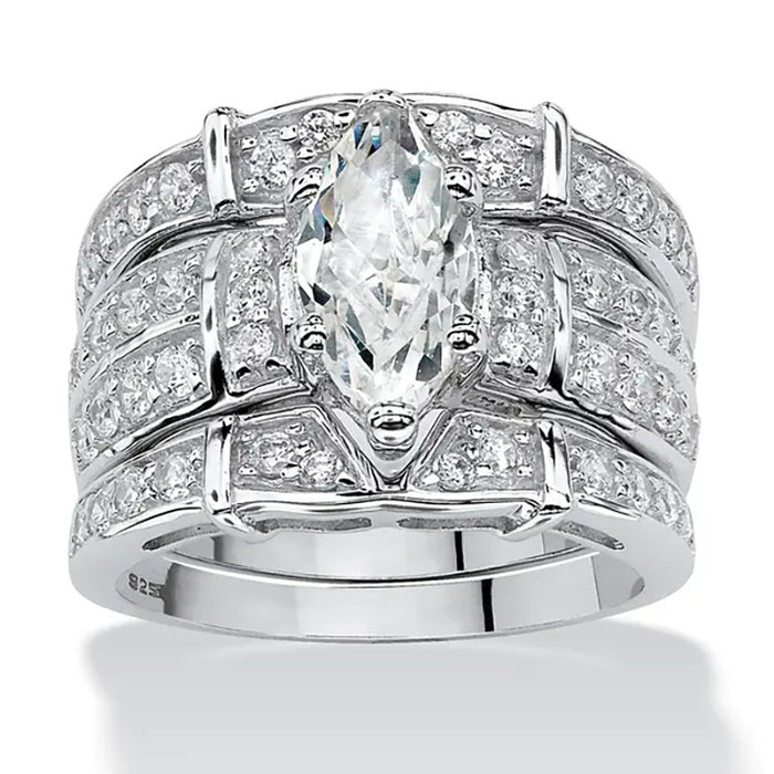 White Gold Tone Marquise Triple Stack Ring Set Sizes 6-10