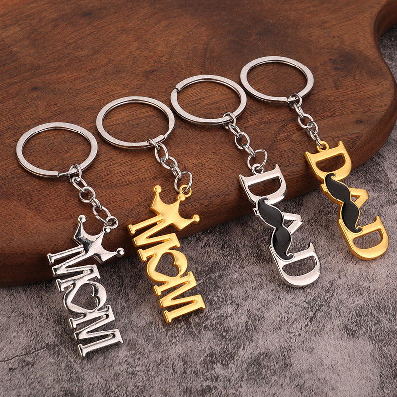 MOM DAD Alloy Gift Keychain with Crown and Mustache Charm