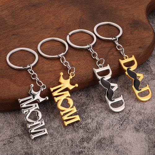 MOM DAD Alloy Gift Keychain with Crown and Mustache Charm