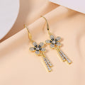 Gold Rhinestone Flower Drop Earrings Dual Crystal Tassels view 2