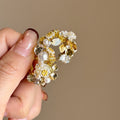 Gold Tone Floral Crystal Pearl Cluster Hoop Earrings view 1