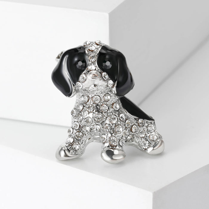Silver Crystal Puppy Brooch Black Enamel Ears Tail
