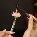 Dark Brown Curved Wood Hair Stick With Pink Lotus And Chain Fringe view 1