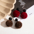Red and Brown Fabric Rose Black Top Dangle Earrings view 2