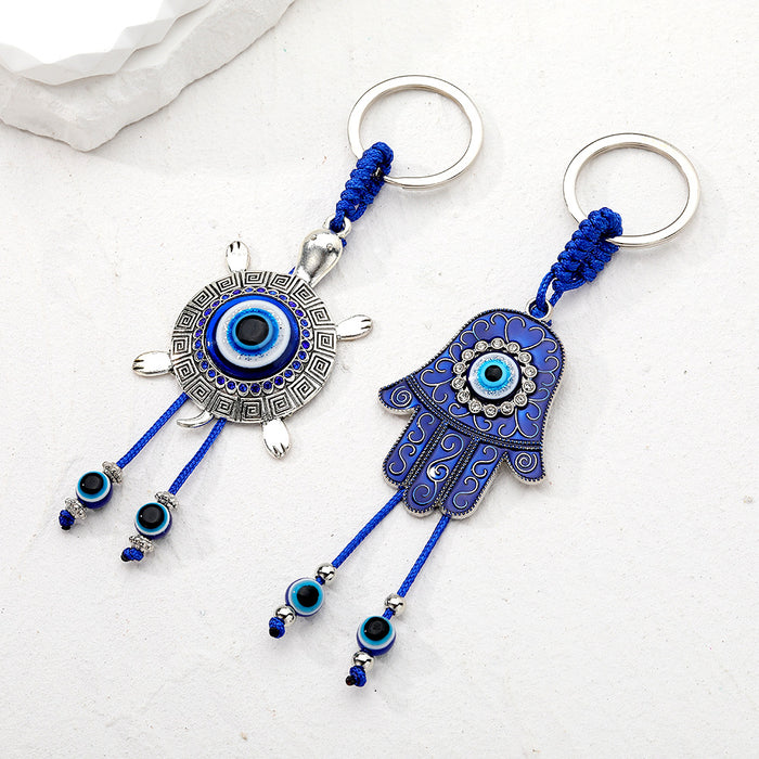 Silver Tone Hamsa and Turtle Evil Eye Split Ring Keychains