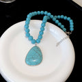 Turquoise Blue Bead Necklace Crackled Teardrop Pendant view 6