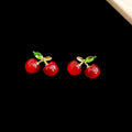 Glossy Red Cherry Stud Earrings with Small Green Leaves view 6