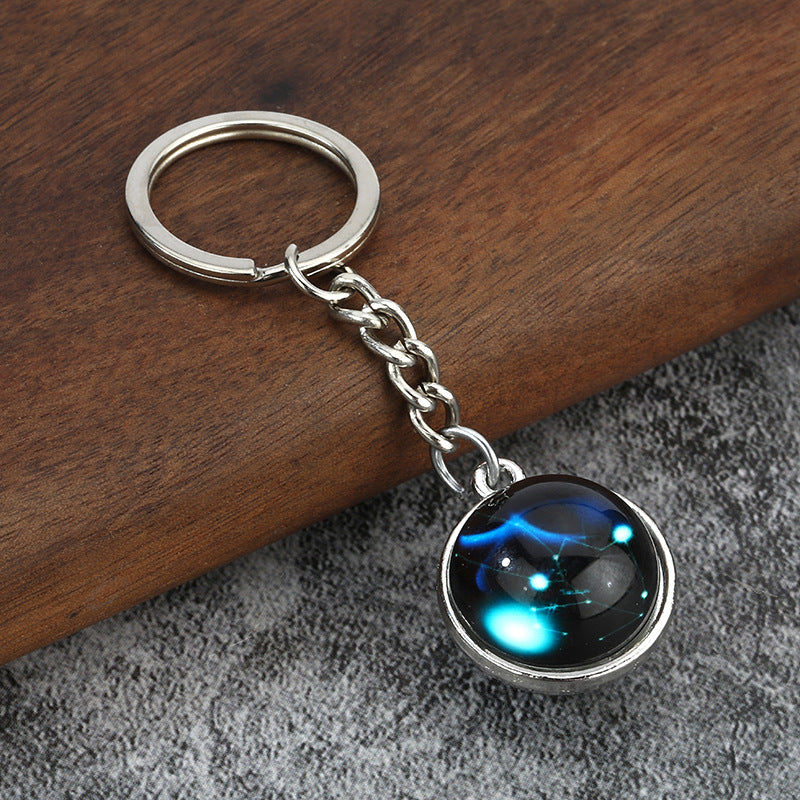 Luminous Zodiac Glass Cabochon Metal Keychain for Bag Charm Gifts