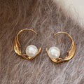 Gold Tone Curved Leaf Hoop Earrings with Pearls Fashion Jewelry view 3