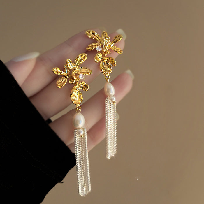 Gold Floral Branch Earrings with Pearl and Chain Tassels