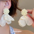 Chiffon Petal Flower Clip Earrings in Two Colors With Decorative Metal Accents view 3