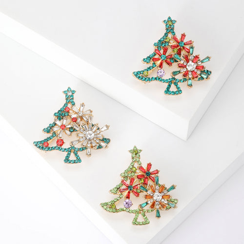 Crystal Christmas Tree Brooch with Star And Ribbon Details angled display view