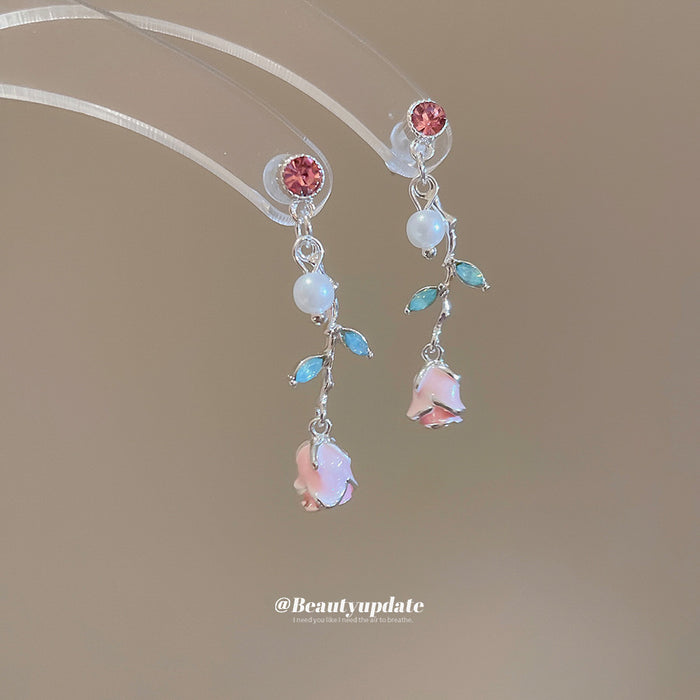 Pink Rose and Green Leaf Drop Earrings with Pearl Accents
