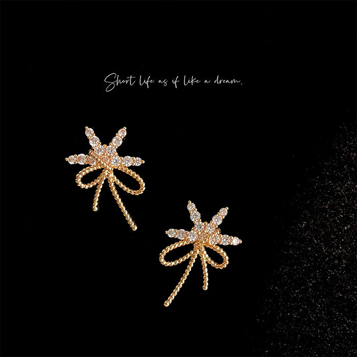 Gold CZ Starburst Firework Twisted Rope Bow Stud Earrings
