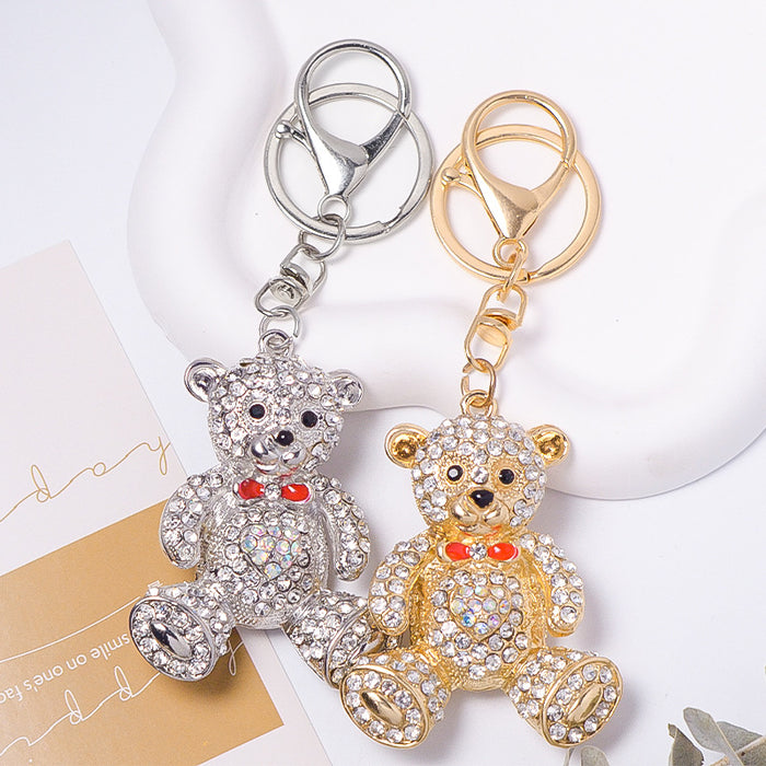 Rhinestone Teddy Bear Keychain Heart Bow Metal Alloy Charm