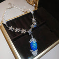 Pearl Necklace Blue Opal Oval Pendant And Drop Earrings view 6