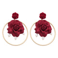 Red Fabric Rose Hoop Stud Earrings With Pearls Statement Pair view 5