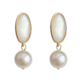 Gold Oval Shell Stud Drop Earrings White Baroque Pearl view 5