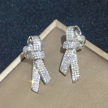 Silver Tone Pave Clear Stone Bow Knot Stud Earrings