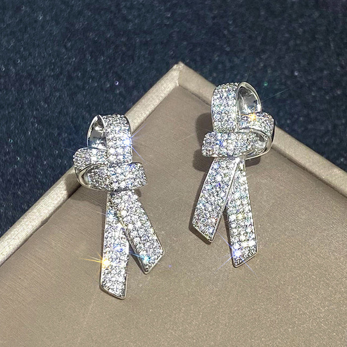 Silver Tone Pave Clear Stone Bow Knot Stud Earrings