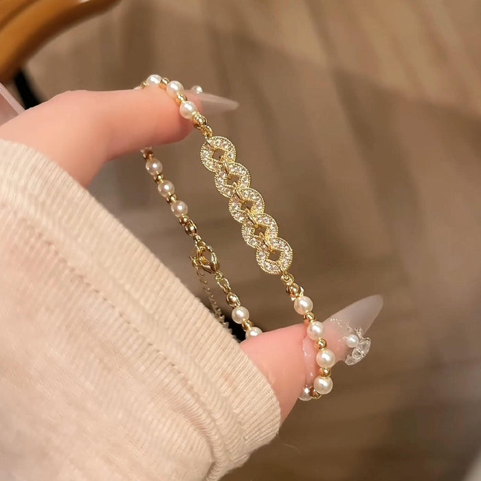 Gold Crystal Coin Pearl Dual Strand Bracelet Lobster Clasp