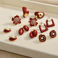 Burgundy Enamel Look Gold Tone Mixed Shape Stud Earrings view 1