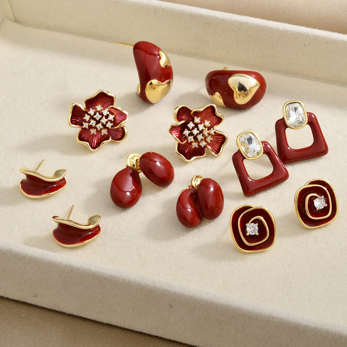 Burgundy Enamel Look Gold Tone Mixed Shape Stud Earrings