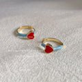 Gold Tone Aqua Ribbon Red Heart Huggie Hoop Earrings view 1