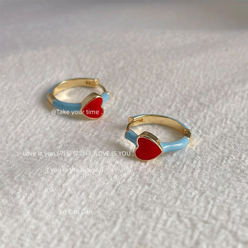 Gold Tone Aqua Ribbon Red Heart Huggie Hoop Earrings