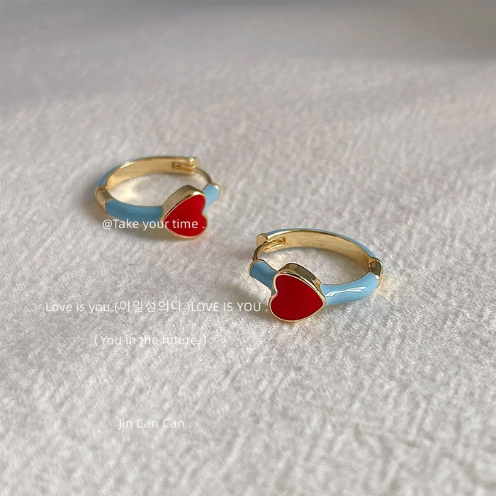 Gold Tone Aqua Ribbon Red Heart Huggie Hoop Earrings