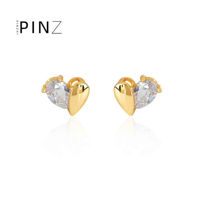 Split Heart Metal and CZ Stud Earrings Gold Silver Tones