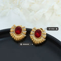 Ribbed Fan Stud Earrings Red Glass Stone Gold Steel view 2