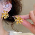 Gold Amber Petal Flower Stud Earrings with Layered Blooms view 1