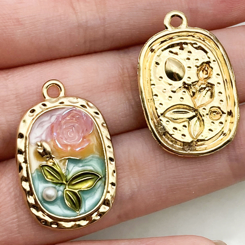 French Vintage Enamel Zinc Alloy Oil Painting Flower Charm Pendant for DIY Earrings Necklace