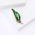 Green Enamel Leaf Brooch Three Pearls Gold Stem Plant Pin view 4