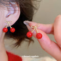 Silver Tone Double Cherry Bow Stud Earrings With Red Drops view 4