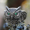 Green-Eyed Sculpted Owl Ring In Antiqued Silver Tone view 2